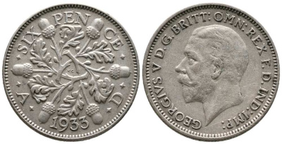 Великобритания 6 пенсов 1933 Георг V (1910-1936) KM 832, Spink 4041 серебро 201-157