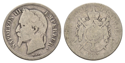 Франция 2 франка 1867 K, Наполеон III (1852-1870) KM 807.3 серебро 5010-2012