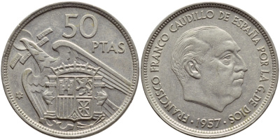 ИСПАНИЯ 50 ПЕСЕТ 1958 1957 ГОД, ФРАНКО KM 788 медно-никель 4389-1134