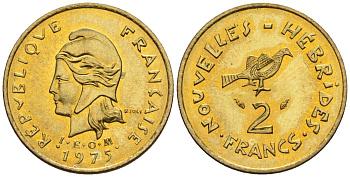 Французские Новые Гебриды 2 франка 1975 заморские территории KM 5.2 никель-латунь  aUNC  4609-939