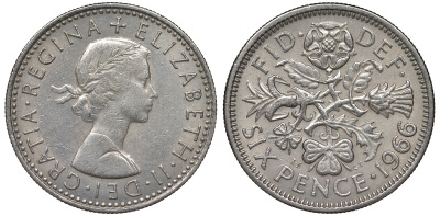 Великобритания 6 пенсов 1966 Елизавета II (1952-2022) KM 903, Spink 4149 медно-никель 4122-631
