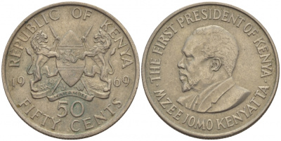 Кения 50 центов 1969 Джомо Кениата KM 13 медно-никель 4548-534