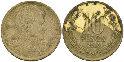 Чили 10 песо 2006 KM 228 никель латунь 4573-455
