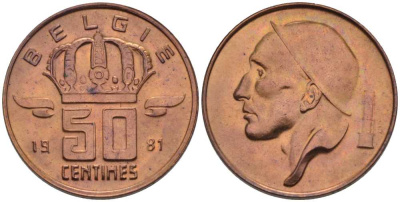 БЕЛЬГИЯ 50 САНТИМОВ 1981 BELGIE, БОДУЭН I (1951-1993) KM 149.1 бронза UNC 214-227