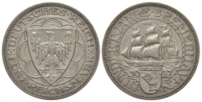 Германия 5 марок 1927 A, 100-летие Бремерхафена J. 326, KM 51 серебро 00-000-00