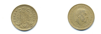 ИСПАНИЯ 1 ПЕСЕТА 1966 (71) ХУАН КАРЛОС I (1975-) KM 796 алюминиевая бронза 54-618