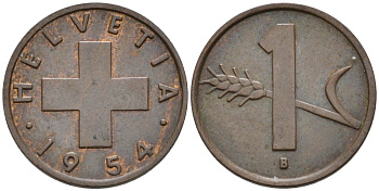 Швейцария 1 раппен 1954 В KM 46 бронза 4564-955