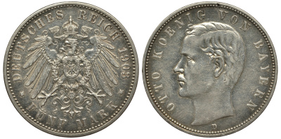 Бавария 5 марок 1903 D, Отто (1886-1913) Weege 47, J. 46, KM 512 серебро 413-5125