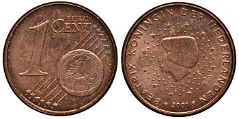 Нидерланды 1 евроцент 2001 Беатрикс (1980-2013) KM 234 сталь плакированная медью 4181-137