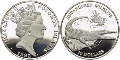 Соломоновы острова 10 долларов 1992 серия исчезающие виды животных, морской, гребнистый крокодил KM 51 серебро PROOF 1078-7-23