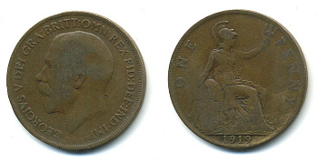 Великобритания 1 пенни 1919 Георг V (1910-1936) КМ 810, Spink 4051 бронза 4110-214