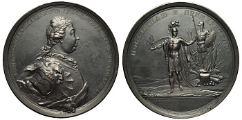 Россия медаль 1774 Граф Петр Александрович Румянцев. 10 июля 1774, граверы И.К.Г. Егер и П. Бобровщиков, 94 мм, 265,7 гр Дьяков 166.2 R1 бронза aUNC 00-00