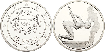 Греция 10 евро 2003 XXVIII летние Олимпийские игры 2004 года в Афинах, плавание KM 200 серебро PROOF 11-244-24