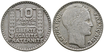 Франция 10 франков 1931 Пьер Тюрен KM 878, Le Franc 360.4 серебро 4683-1025