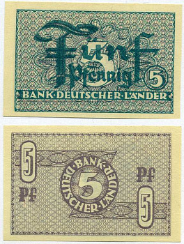 ФРГ 5 ПФЕННИГОВ 1948 BANK DEUTSCHER LANDER Pick 11a, Rosenberg 250b бумага UNC (ПРЕСС) 8613-14-2-2