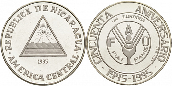 Никарагуа 1 кордоба 1995 50 лет FAO, тираж 2200 экз. KM 87 серебро PROOF 02-070-15-M21-11