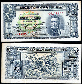 Уругвай 5 песо 1939 Хосе Хервасио Артигас, конкистадор, сражающийся с индейцами, серия С Pick 36 b (1)  бумага 444-134-3-1