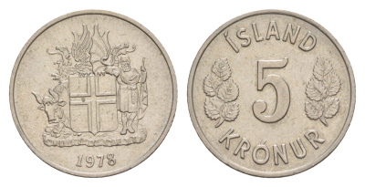 Исландия 5 крон 1978 KM 18 медно-никель UNC 4632-966