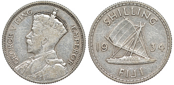 Фиджи 1 шиллинг 1934 Георг V (1910-1936), парусник KM 4 серебро    91-1011