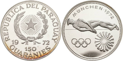 Парагвай 150 гуарани 1972 XX летние Олимпийские Игры, Мюнхен 1972, прыжки в высоту KM 36 серебро PROOF 01-172-11
