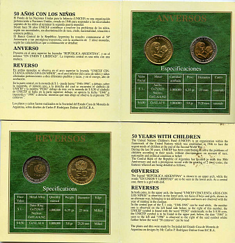 Аргентина набор из 2 монет 1996 50 лет UNICEF (1946-1996), в оригинальном блистере KM 119, 120 биметалл  UNC  3-6-6-29