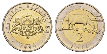 Латвия 2 лата 1999 корова KM 38 биметалл UNC 4652-842