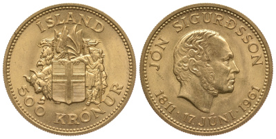Исландия 500 крон 1961 100 лет со дня рождения Йоуну Сигурдссону KM 14 золото UNC 00-000-00