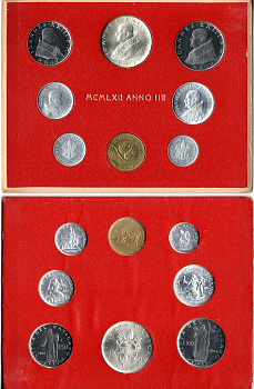 Ватикан официальный набор из 8 монет (1, 2, 5, 10, 20, 50, 100 и 500 лир) 1962 в оригинальном буклете KM MS64 (58.2, 59.2, 60.2, 61.2, 62.2, 63.2, 64.2 и 65.2) UNC 4-3-4-45