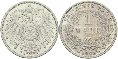 Германия 1 марка 1893 E, цена по каталогу MT 150 евро Weege 18, J. 17, KM 14 серебро aUNC 413-5212