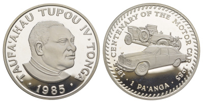 Тонга 1 паанга 1985 100 лет автоиндустрии, MGB GT и MG TA KM 89a серебро PROOF 1091-8-23