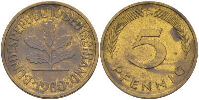 ФРГ 5 пфеннигов 1980 D KM 107, J. 382 сталь плакированная латунью 4514-1053