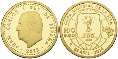 Испания 100 евро 2013 чемпионат мира по футоболу в Бразилии 2014 KM NEW золото  PROOF 00-000-00