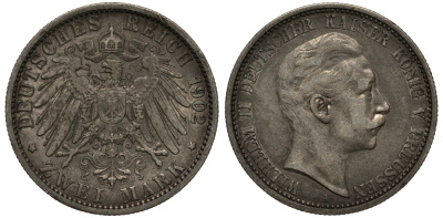 Пруссия 2 марки 1902 A, Вильгельм II (1888-1918) J.102, Weege 101, KM 522 серебро 3711-722