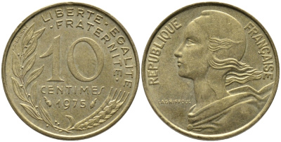 ФРАНЦИЯ 10 САНТИМОВ 1975 ТИП MARIANNE KM 929 медь алюминий никель 99-1133