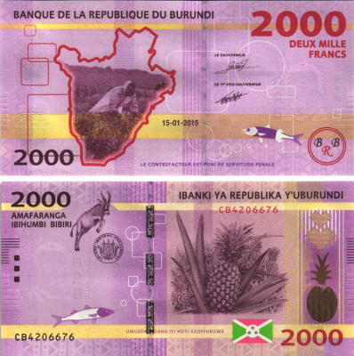 Бурунди 2000 франков 2015 15 января 2015, Бурунди на карте, рыба, антилопа, ананас, флаг Pick 52 бумага UNC (пресс) 448-10-3