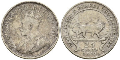 Британская Восточная Африка и Уганда 25 центов 1913 Георг V (1910-1936) KM 10 серебро 3711-1811