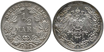 ГЕРМАНИЯ 1/2 МАРКИ 1908 E KM 17, J. 16, Weege 16 серебро 4448-737