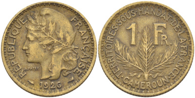 Французский Камерун 1 франк 1926 (а), монетный двор Париж KM 2 алюминиевая бронза 61-426