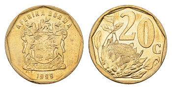ЮАР 20 центов 1999 герб, цветок протея KM 162 сталь плакированная латунью UNC 4694-911