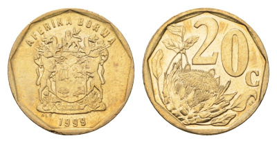 ЮАР 20 центов 1999 герб, цветок протея KM 162 сталь плакированная латунью UNC 4694-911