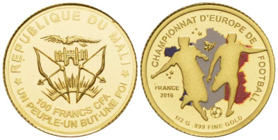 Мали 100 франков 2016 Чемпионат Европы по футболу во Франции, эмаль KM NEW золото PROOF 00-820-21