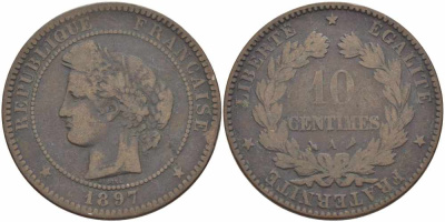 ФРАНЦИЯ 10 САНТИМОВ 1897 A, ТРЕТЬЯ РЕСПУБЛИКА (1871-1940) KM 815.1, LA FRANC 135.44 бронза 82-1145