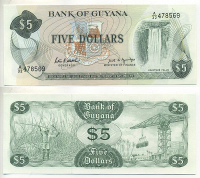 ГАЙАНА 5 ДОЛЛАРОВ 1989 ПОДПИСЬ 7, ВОДОПАД КАЙЕТУР Pick 22е бумага UNC (ПРЕСС) 7553-9-1