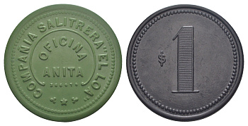 Чили, Анита (Anita), Антофагаста шахтерский жетон с Селитряного рудника для покупки в местных магазинах, номиналом в 1 песо 1880-1920 диаметр 45,5 мм, вес 6,77 гр Espinosa 20.2 эбонит (зеленый) 1094-11-14