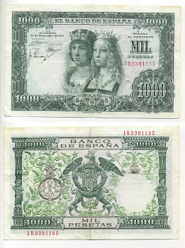 Испания 1000 песет 1957 Фернандо II Арагонский и Изабелла I Кастильская ("Рейес Католикос") Pick 149 a бумага 6278-16-3-1