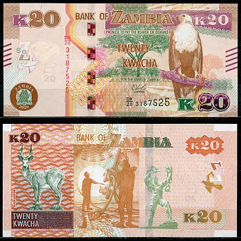 Замбия 20 квачей 2020 антилопа личи, статуя Свободы в Лусаке Pick 59 c бумага UNC (пресс) 448-145-3