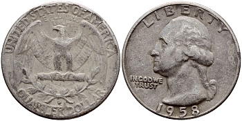 США 25 центов = квотер 1958 D, Вашингтон KM 164 серебро 25-2114