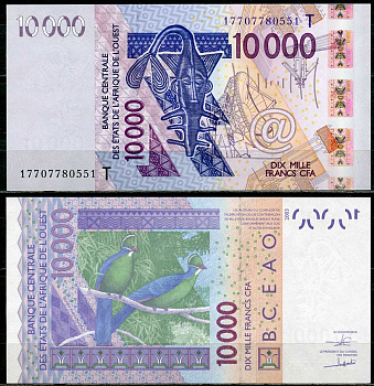 Валютный Союз Стран Западной Африки, Того 10000 франков 2003 гиря, спутниковая антенна, птица турако Pick 818Ta  бумага  UNC (пресс) 451-683-2