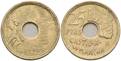 Испания 25 песет 1996 CASTILLA LA MANCHA, Хуан Карлос I KM 962 медь цинк никель 192-437