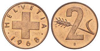 Швейцария 2 раппена 1968 B KM 47 бронза UNC 4682-128